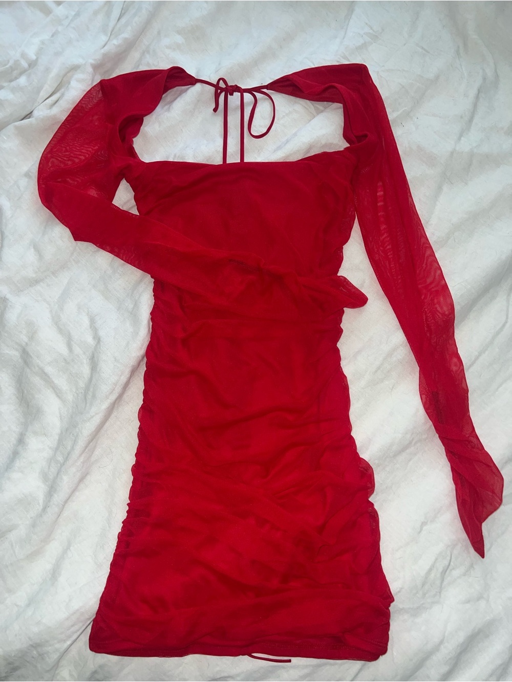 Lucy in the Sky Red Mesh Long-Sleeve Mini Dress
